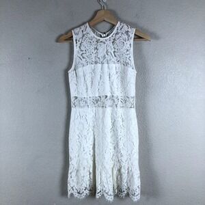 Karina Grimaldi Dress Womens Medium Off White Lace Sheer A Line Crew Neck Zipper